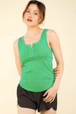 Green ribbed tank top with placket detail and scoop neckline