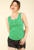 Green ribbed tank top with placket detail and scoop neckline
