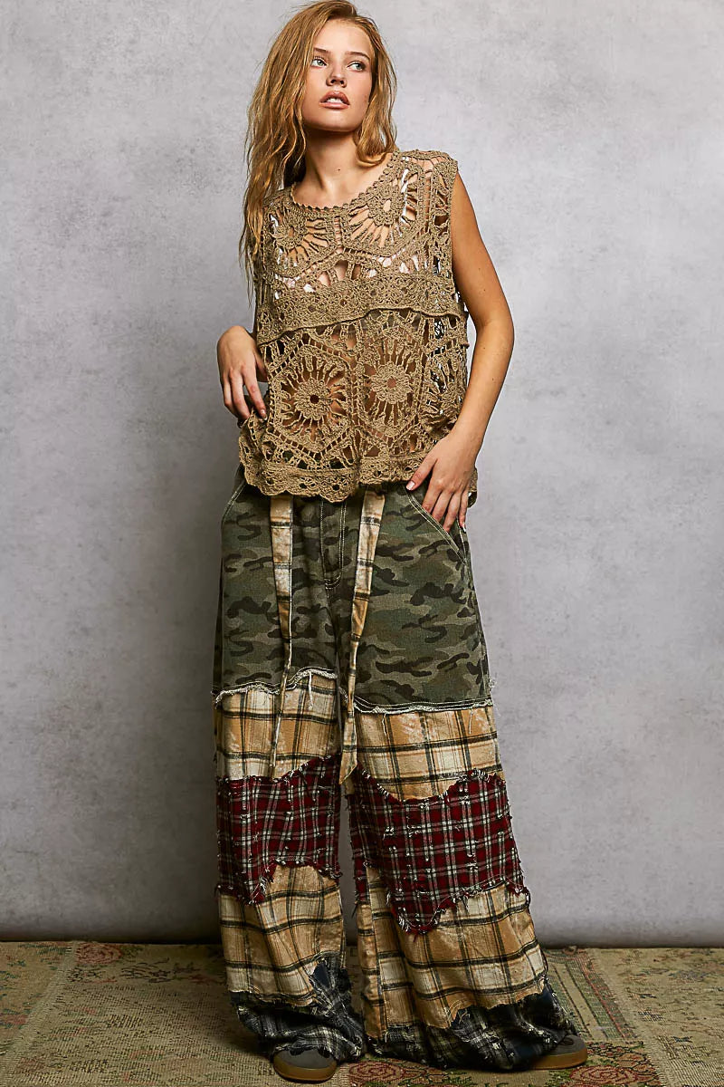 Floral lace crochet detail on sleeveless relaxed fit tank