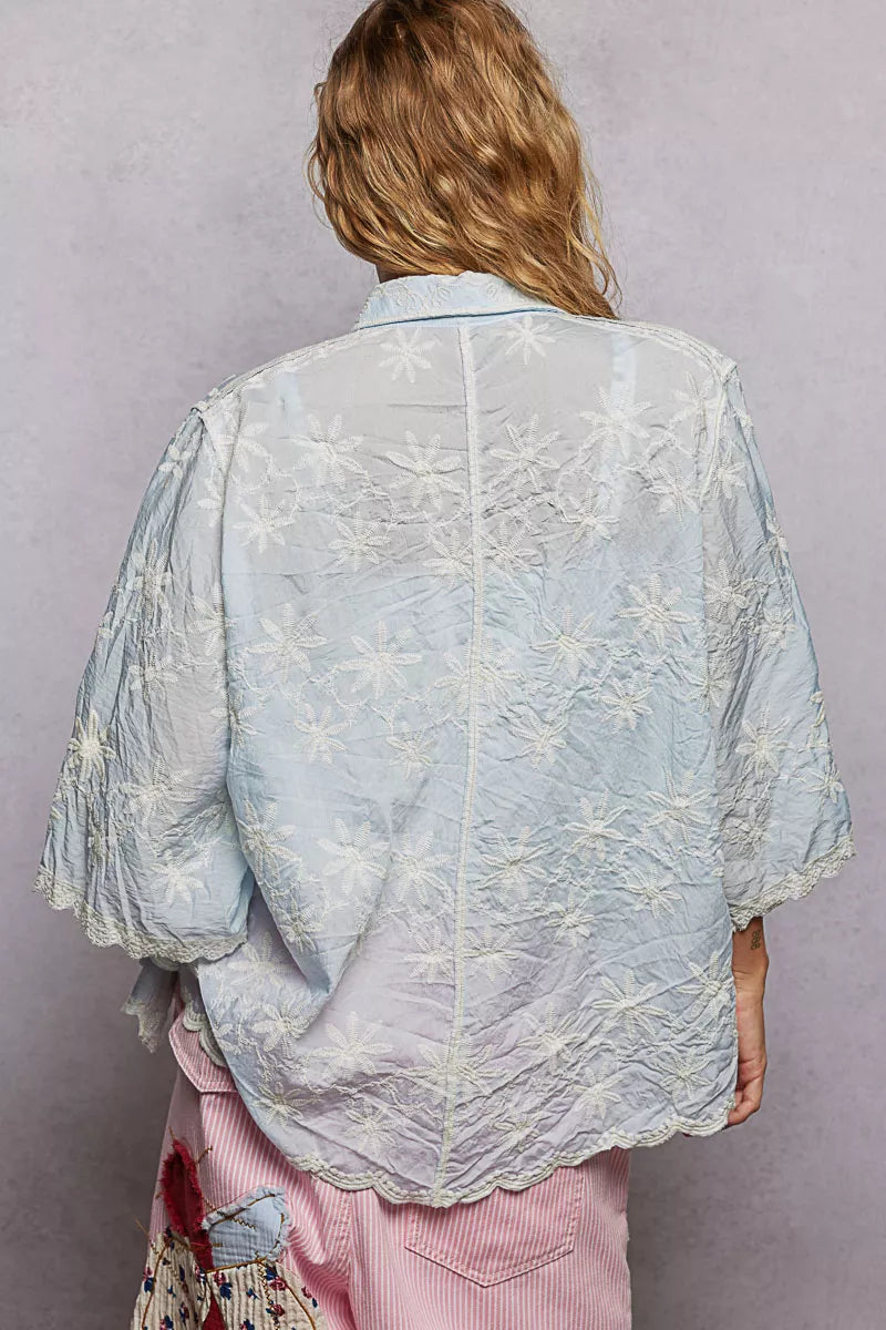 Half-sleeve floral embroidered shirt with scalloped edge