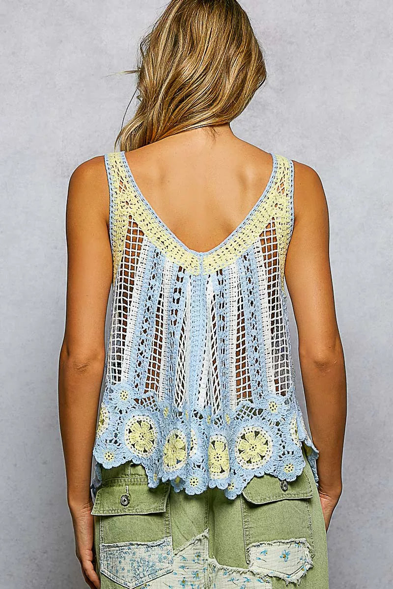 Flowy crochet tank top with contrast color stripe pattern