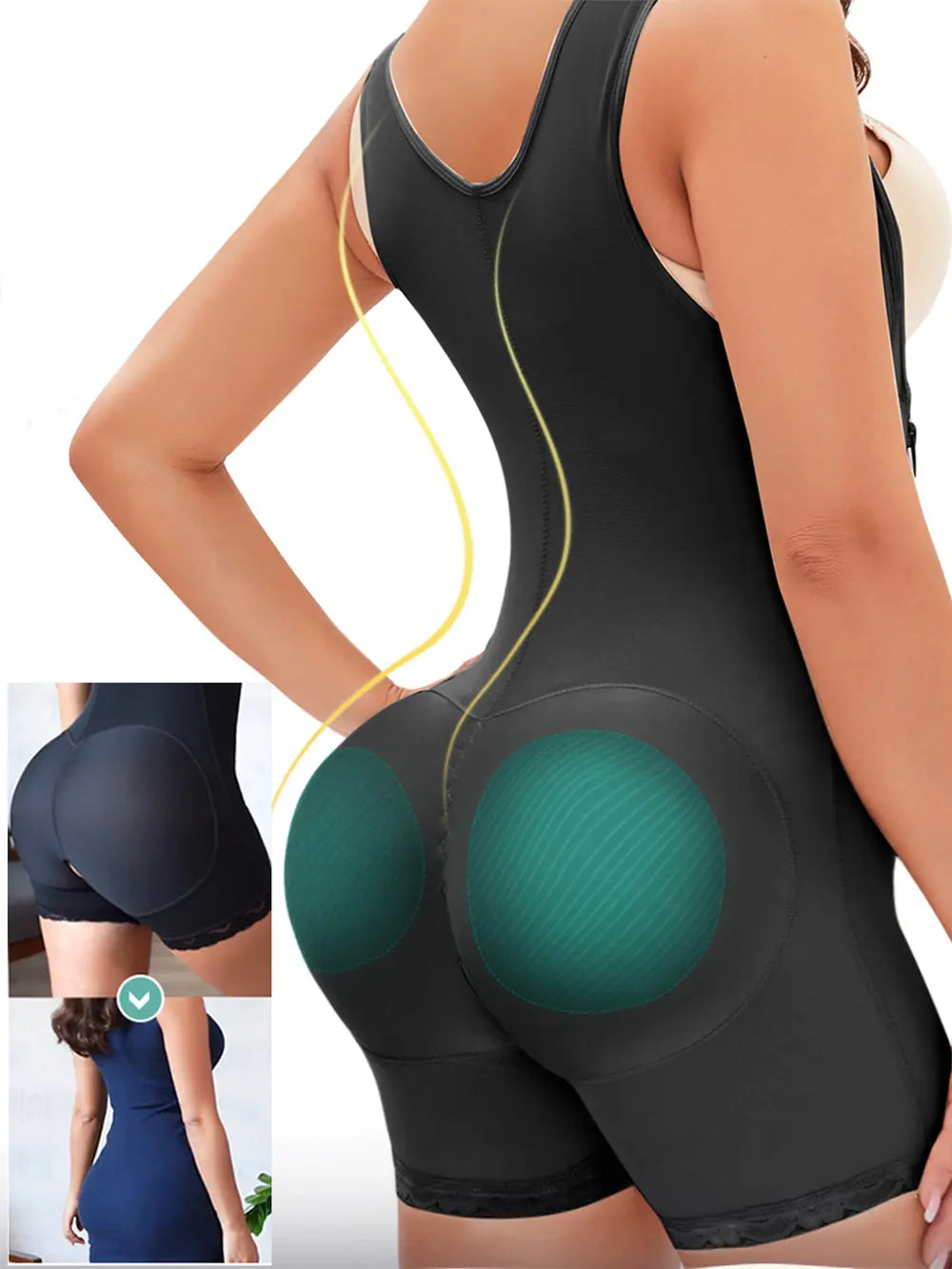 Black zip-up wide strap shaper contouring hips and waist