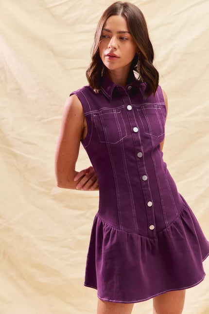 Sleeveless collared mini dress in orchid purple with button front