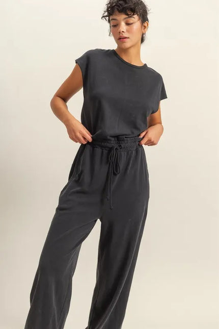 Charcoal black cap-sleeve jumpsuit with keyhole back detail