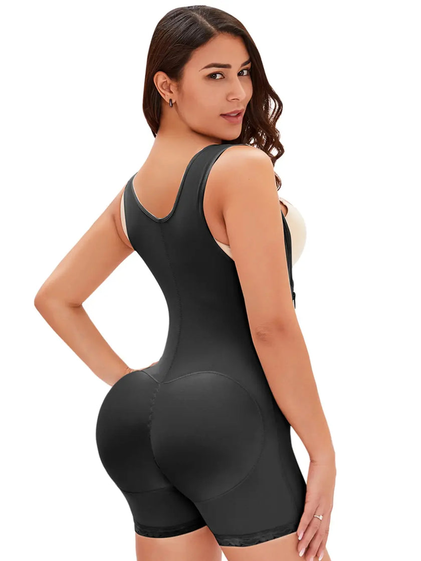 Side view of woman wearing black shaper highlighting waist shaping
