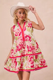 Coral pink floral mini dress with ruffled skirt