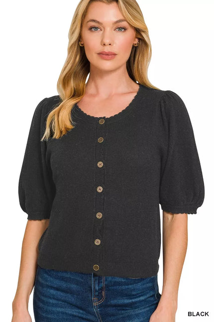 Charcoal black wool cardigan with puff sleeves front view