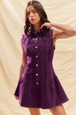 Ruffled hem detail on sleeveless orchid purple dress