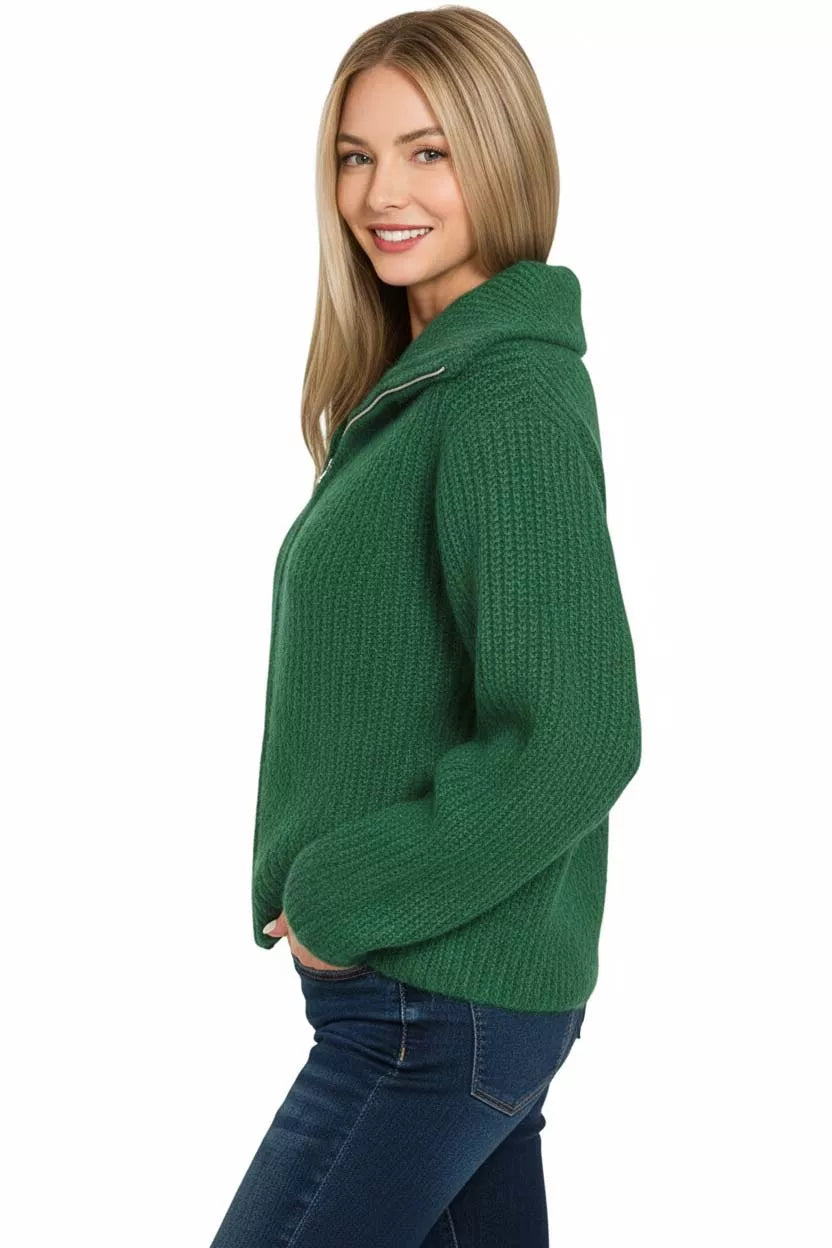 Sweater cardigan featuring zippered front and textured ribbed collar