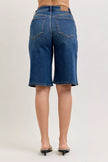 Blue denim bermuda shorts with stretch cotton blend, high waist fit, back pockets, and tapered legs