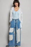 White openwork cardigan with scalloped edge, lightweight knit, loose fit, crochet texture.