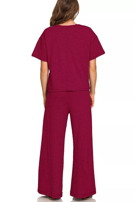 Close-up of red cotton slub tee and coordinating drawstring pants