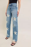 **High-waist 90s straight distressed denim with rigid star cuts, plus size, rigid texture**