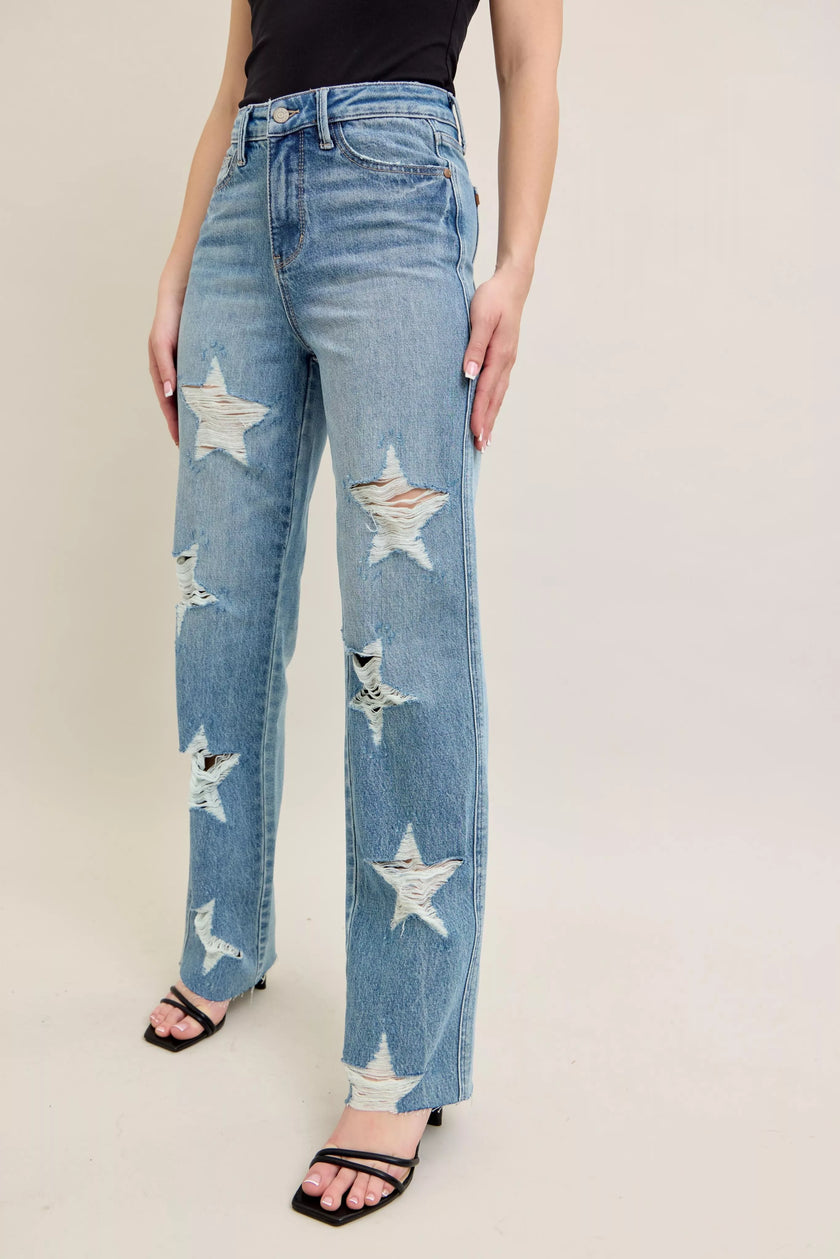 **High-waist 90s straight distressed denim with rigid star cuts, plus size, rigid texture**