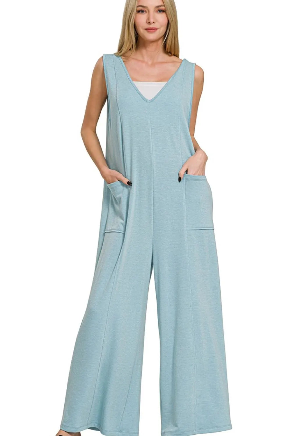 Deep V-neck French terry jumpsuit in dusty teal blue