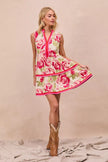Coral pink floral mini dress with tiered ruffle hem