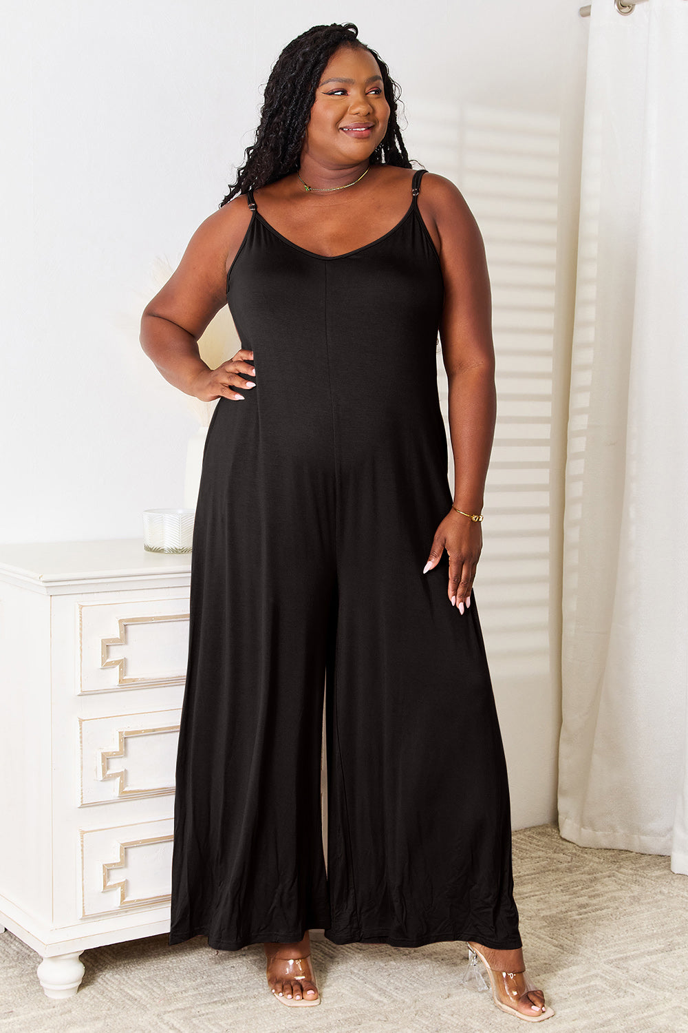 Front view of pocketed rayon wide-leg jumpsuit