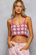Floral crochet cami with pink boho daisy pattern on model