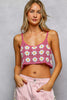 Floral crochet cami with pink boho daisy pattern on model