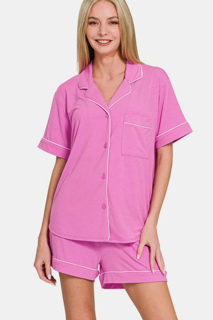 Bright mauve pink button-down lounge top with white piping and chest pocket