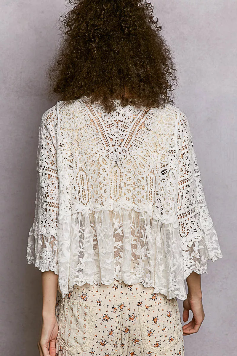 Soft ivory crochet cardigan with floral lace pattern