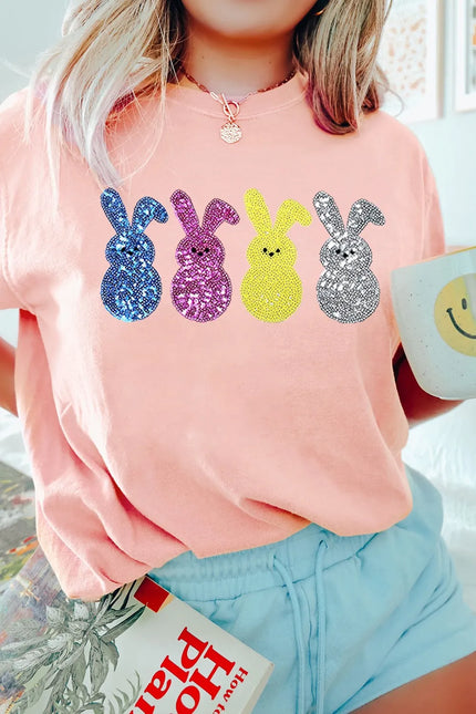 Pink sequin bunny tee, soft fabric, relaxed fit, vibrant colors, round neck, short sleeves