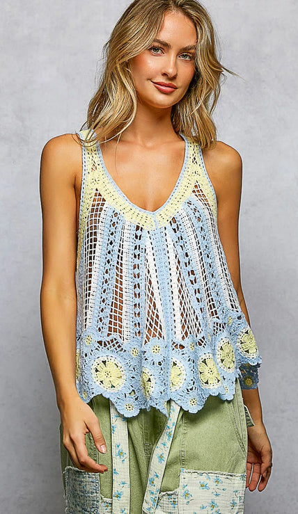 Crochet tank top featuring openwork stripe pattern and scalloped edge