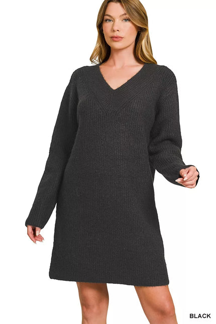 Charcoal black ribbed long sleeve sweater dress with V-neckline