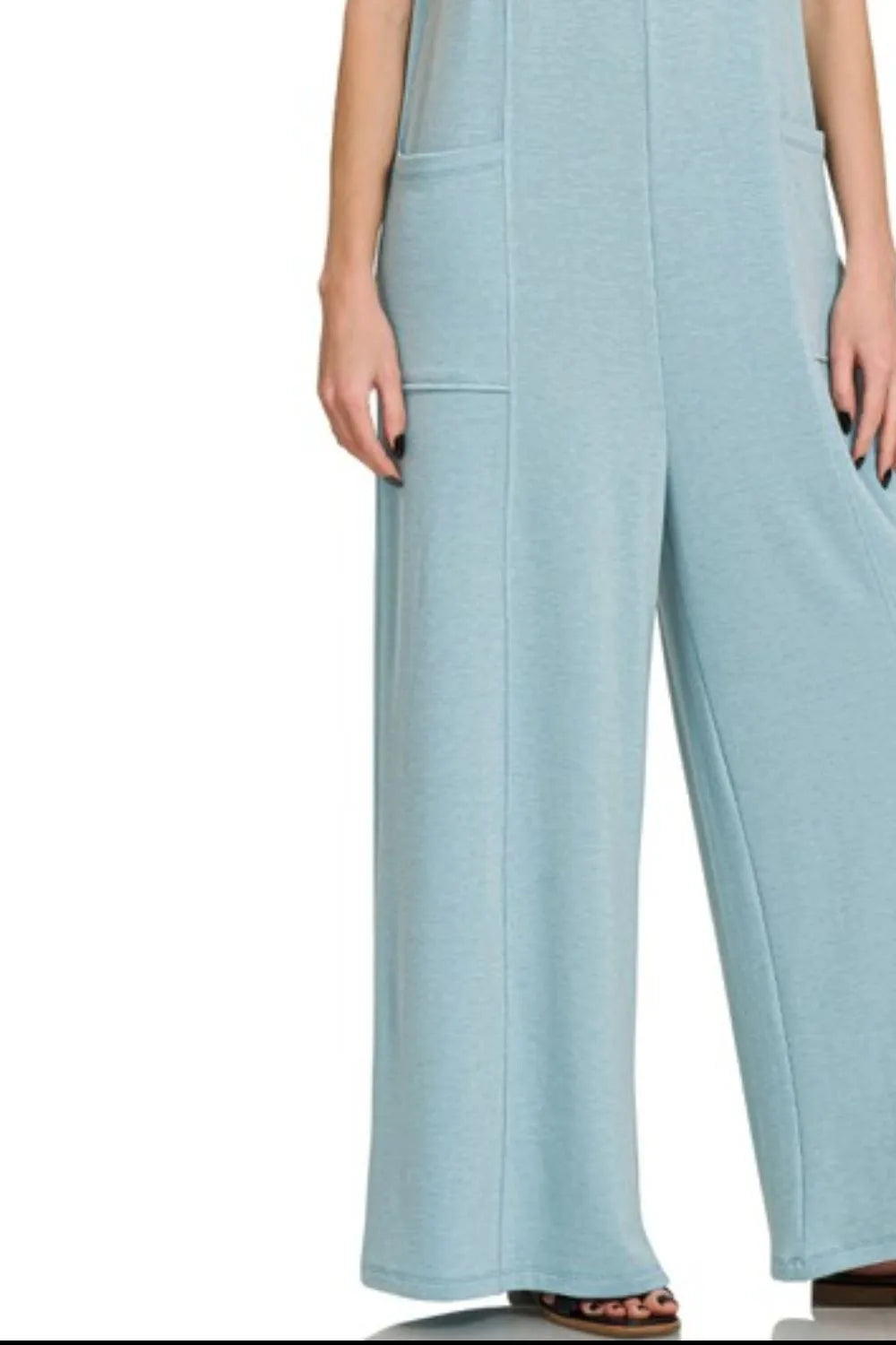 Relaxed fit dusty teal blue jumpsuit with front pockets