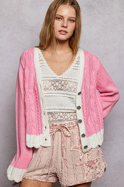 Barbie pink cable-knit cardigan with button front and contrast border