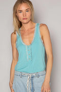 Water blue cutout trim V-neck tank with lace detailing