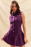 Side profile of ruffled sleeveless dress in orchid purple