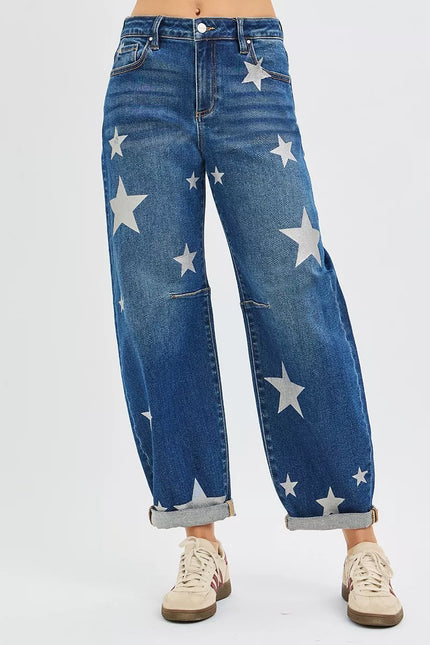Stretchy star-patterned relaxed jeans modeled on a person
