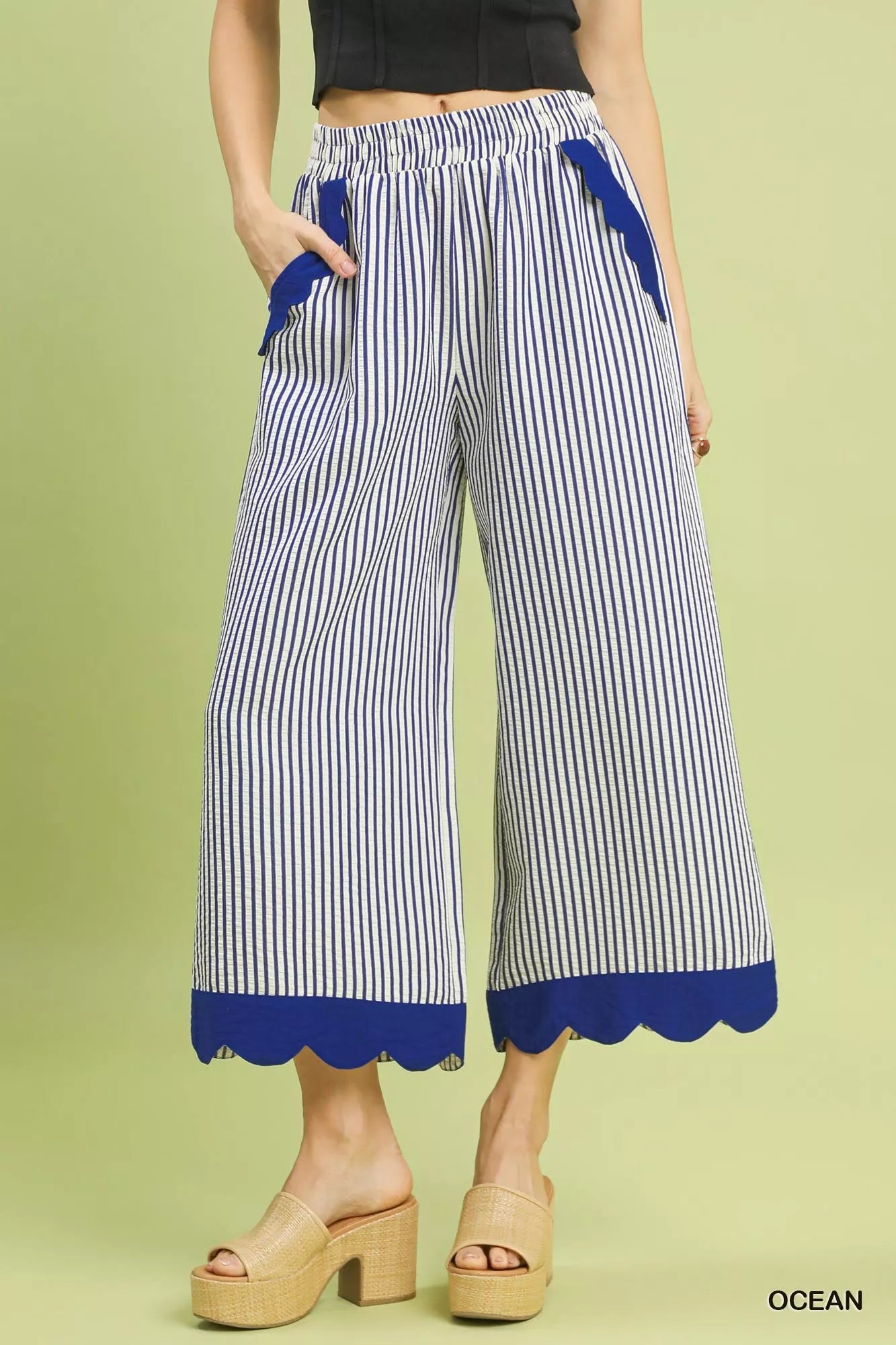 Ocean blue scalloped hem wide-leg pants with vertical pinstripes