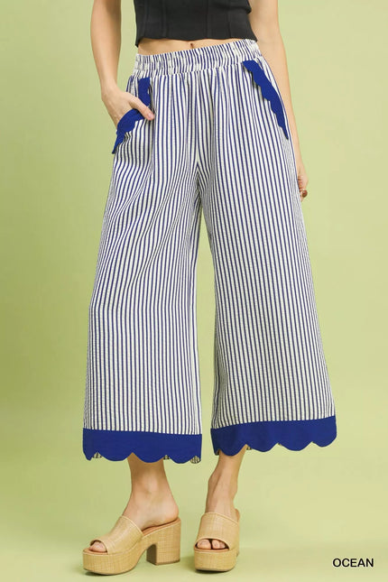 Ocean blue scalloped hem wide-leg pants with vertical pinstripes
