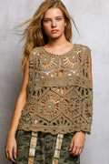 Crochet floral openwork round neck tank top