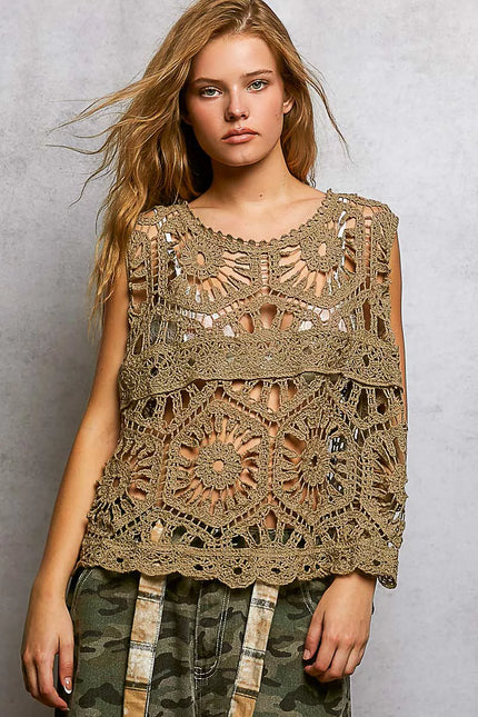Crochet floral openwork round neck tank top
