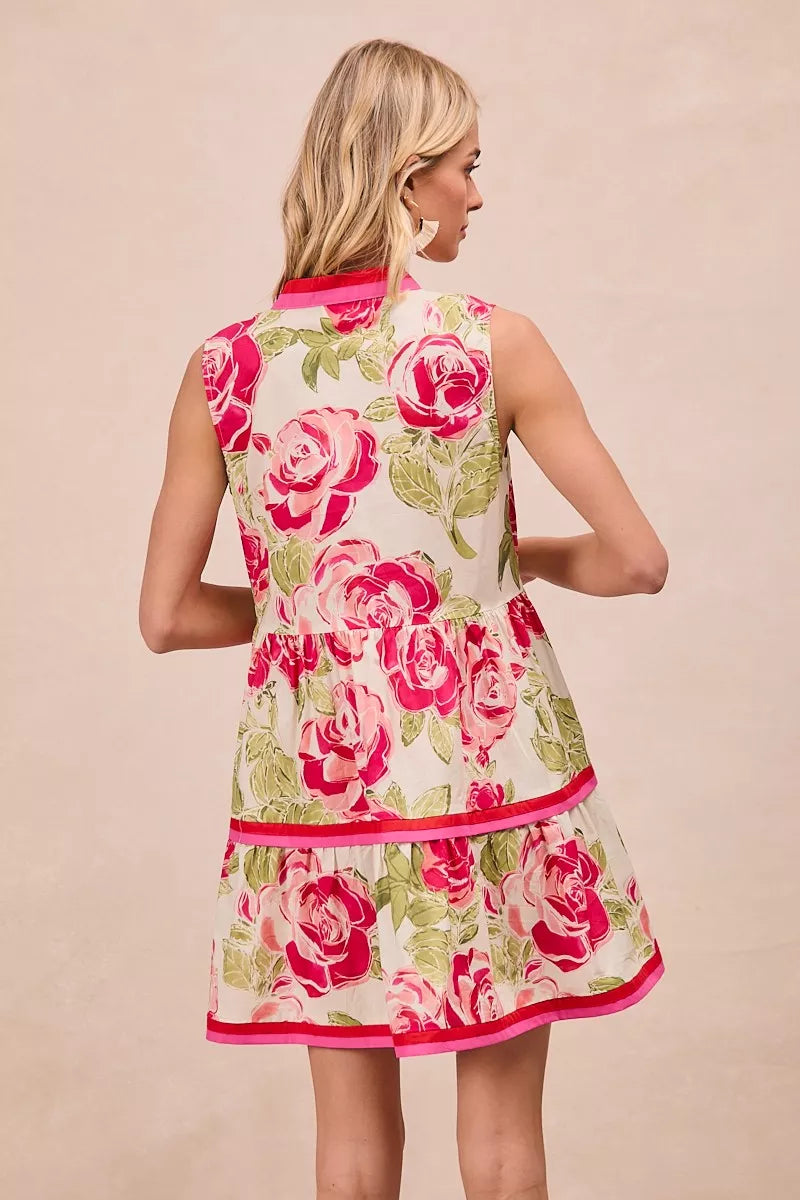 Sleeveless floral mini dress with tiered ruffle design