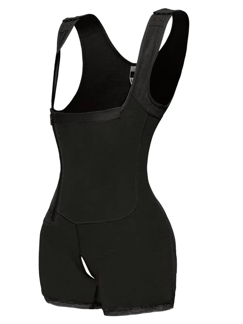 Woman modeling black shaper emphasizing smooth hip contour