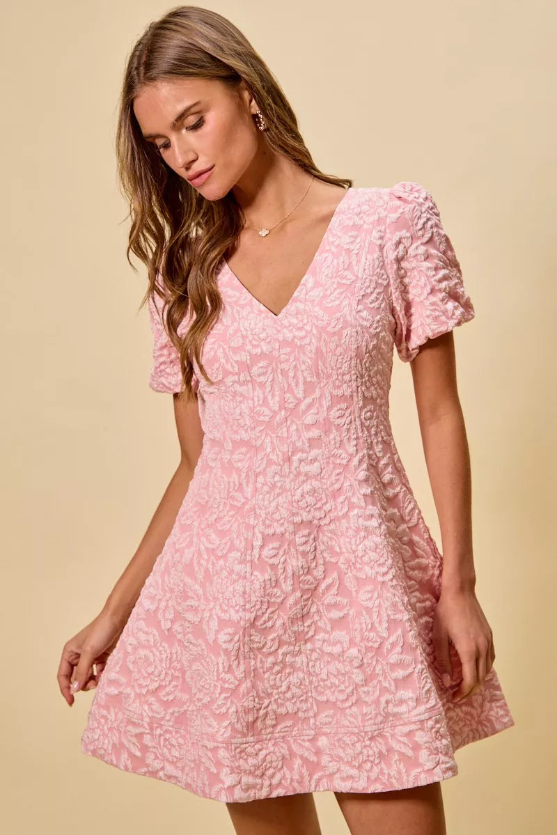 Floral jacquard fit-and-flare mini dress with V-neckline and short sleeves