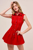 Ruffled detail on crimson red sleeveless mini dress