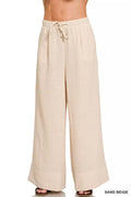 Woven airflow drawstring pants in close-up detail