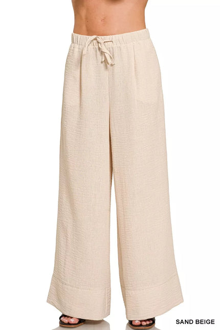 Woven airflow drawstring pants in close-up detail