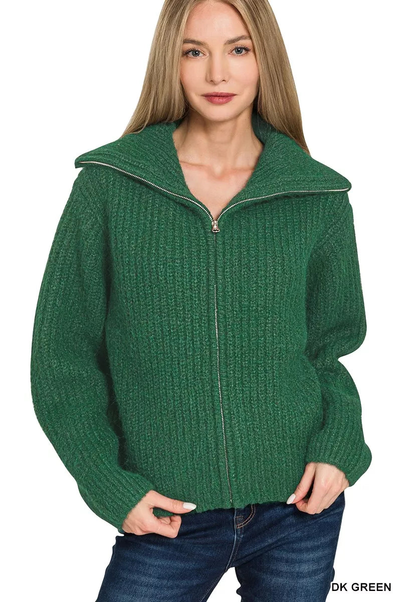 Deep forest green high-neck zip sweater cardigan with ribbed knit texture