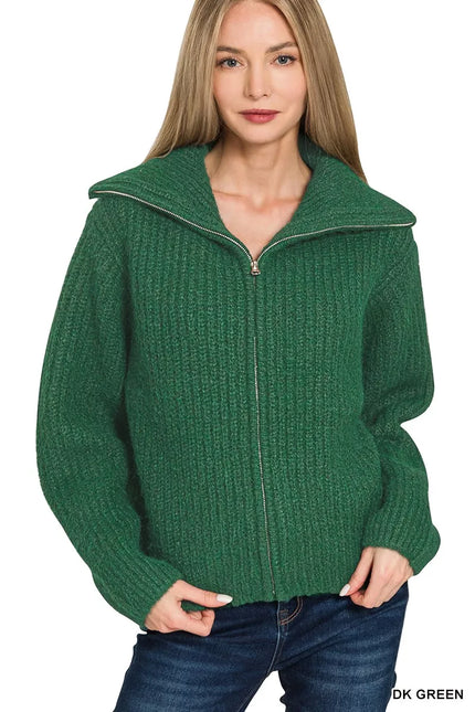 Deep forest green high-neck zip sweater cardigan with ribbed knit texture