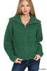 Deep forest green high-neck zip sweater cardigan with ribbed knit texture