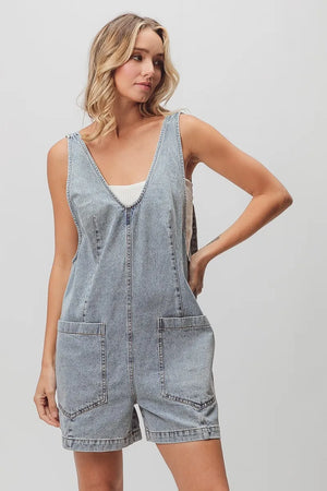 Light-wash denim shortall with patch pockets and relaxed fit