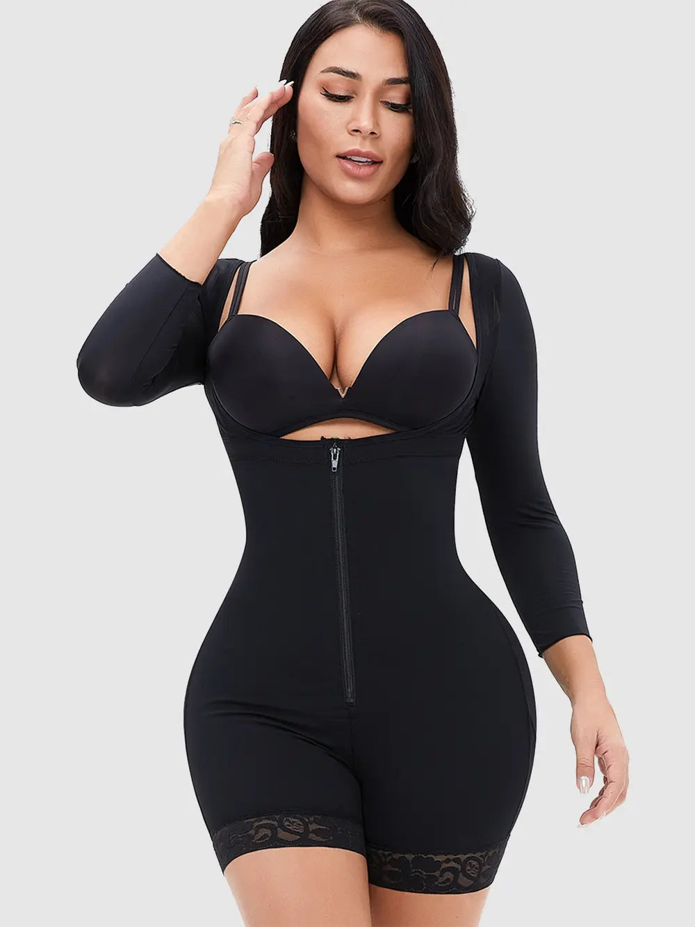 Long Sleeve Lace Panel Shaper front view in black with contour shaping