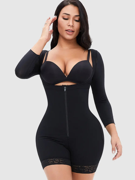 Long Sleeve Lace Panel Shaper front view in black with contour shaping