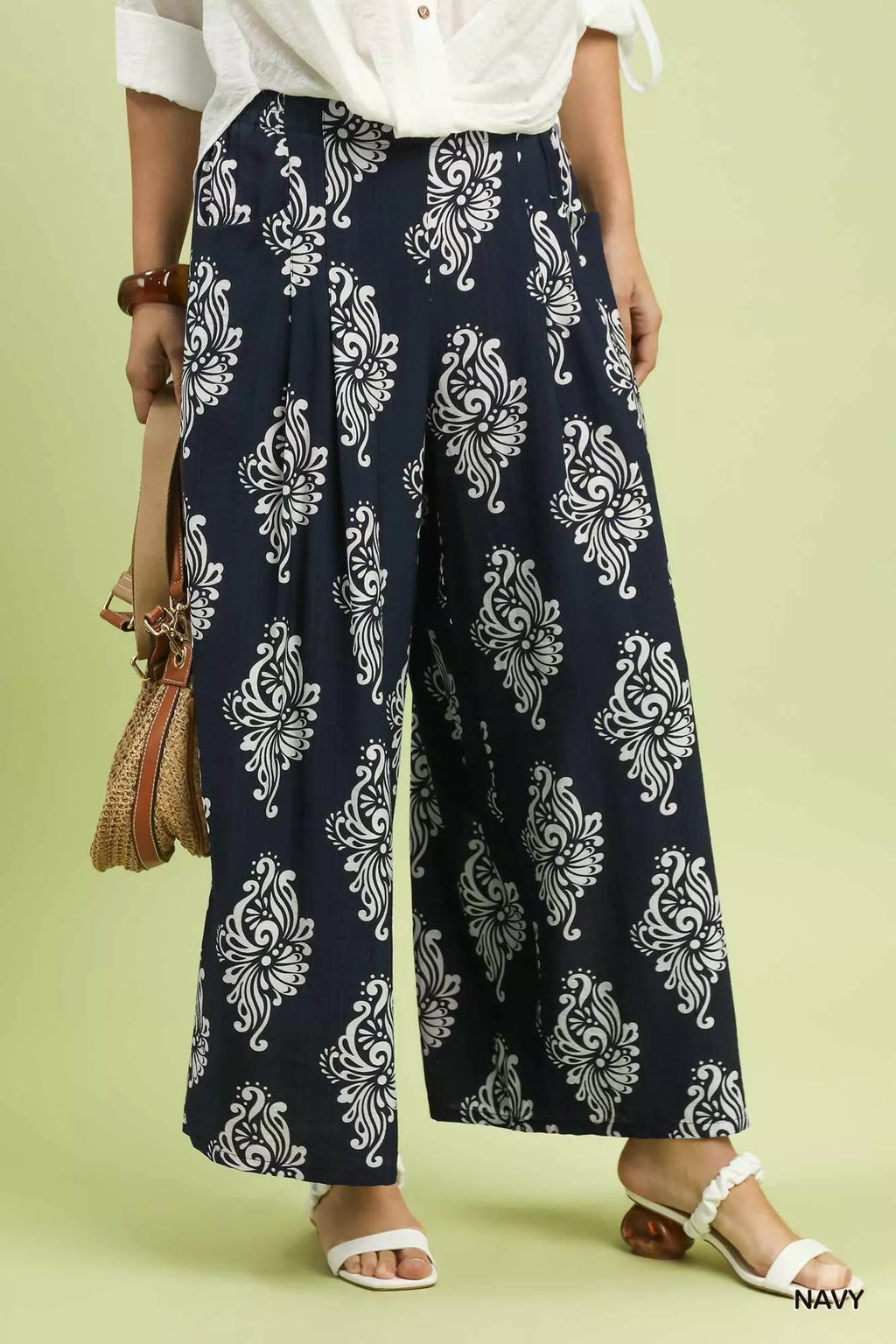 Navy abstract print wide-leg pants with elastic waistband